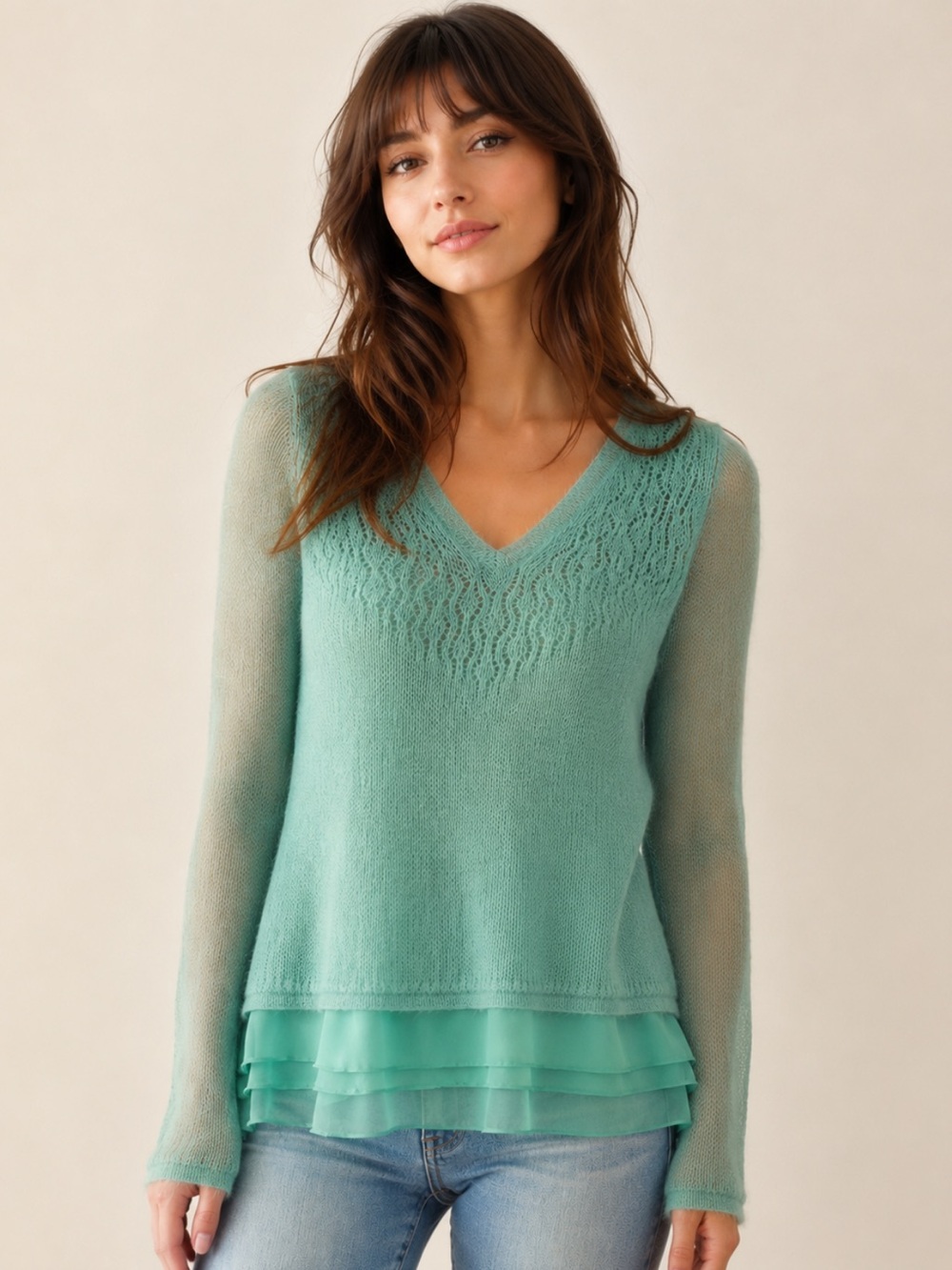 Anthropologie Knitted & Knotted Alpaca Lace Knit Chiffon V-Neck Sweater Small